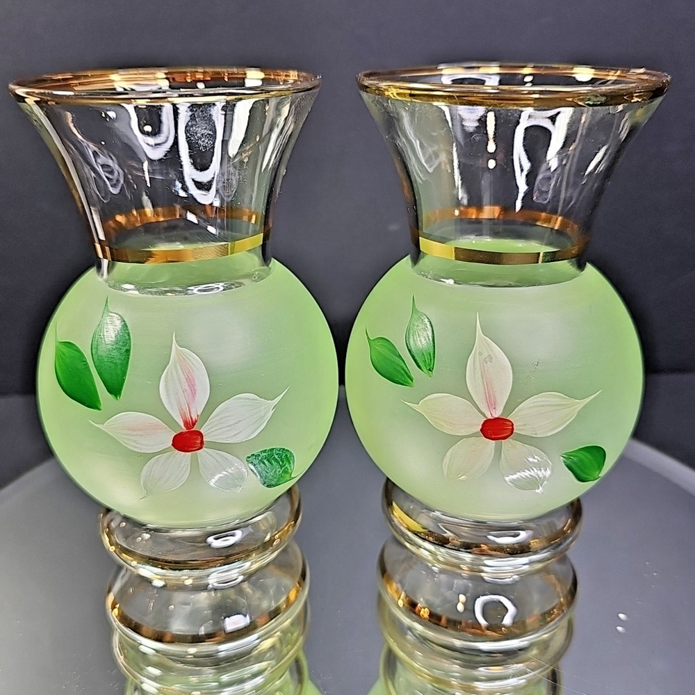 TWO Bartlett Collins Bud Vase Hand Painted White Floral 6" Vintage USA